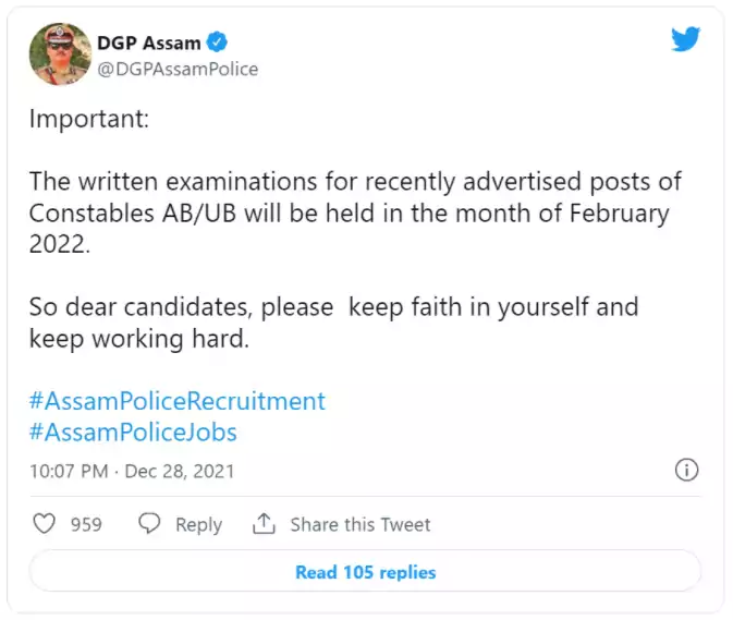 Assam Police Constable Admit Card Written Exam Date Tweet